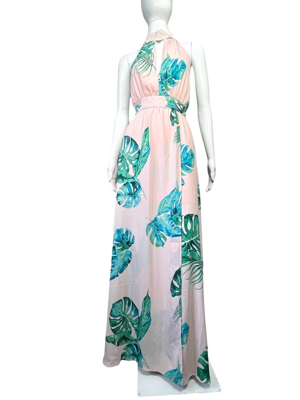 NWT Dress Forum Monstera Palm Leaf Print Pink Open Back Halter Maxi Dress Sz M